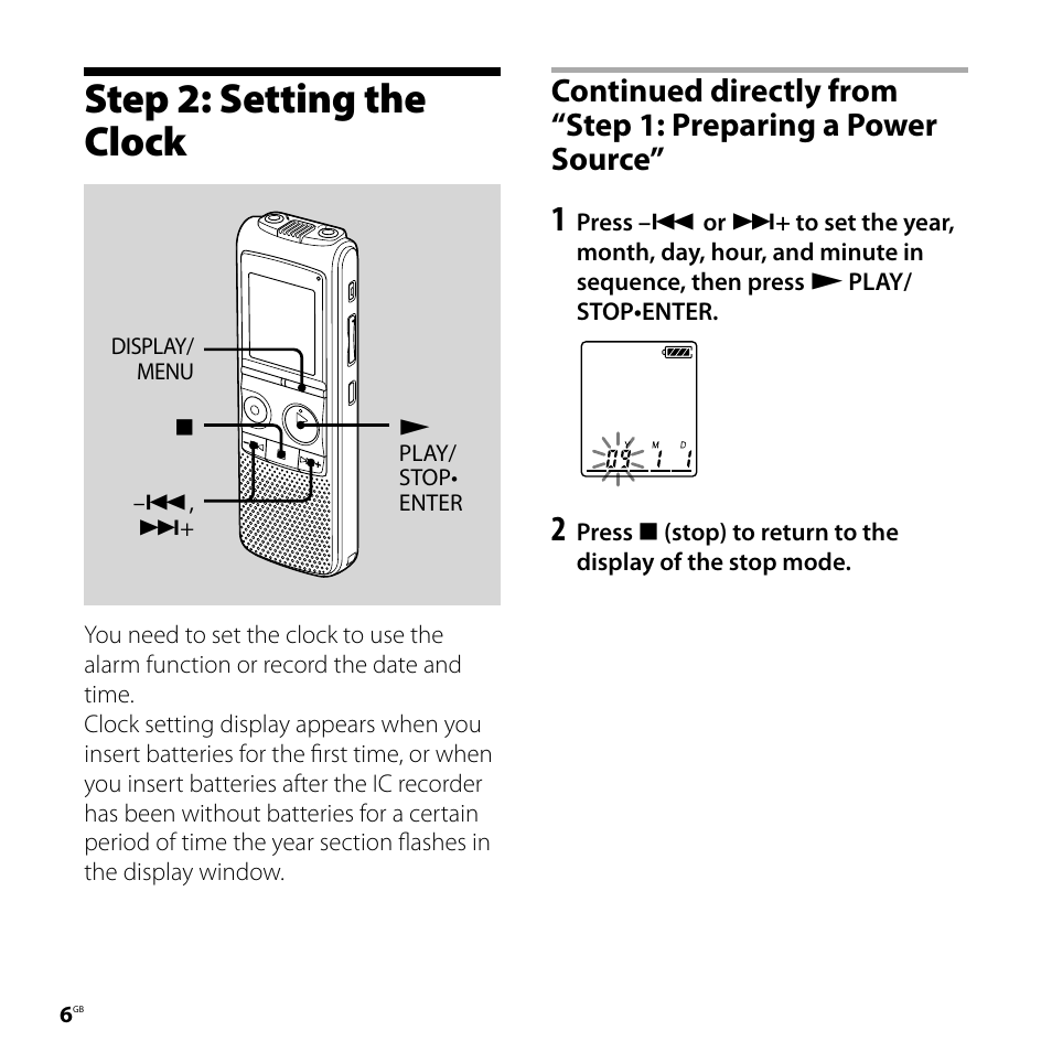 Step 2: setting the clock | Sony ICD-PX720 User Manual | Page 6 / 60