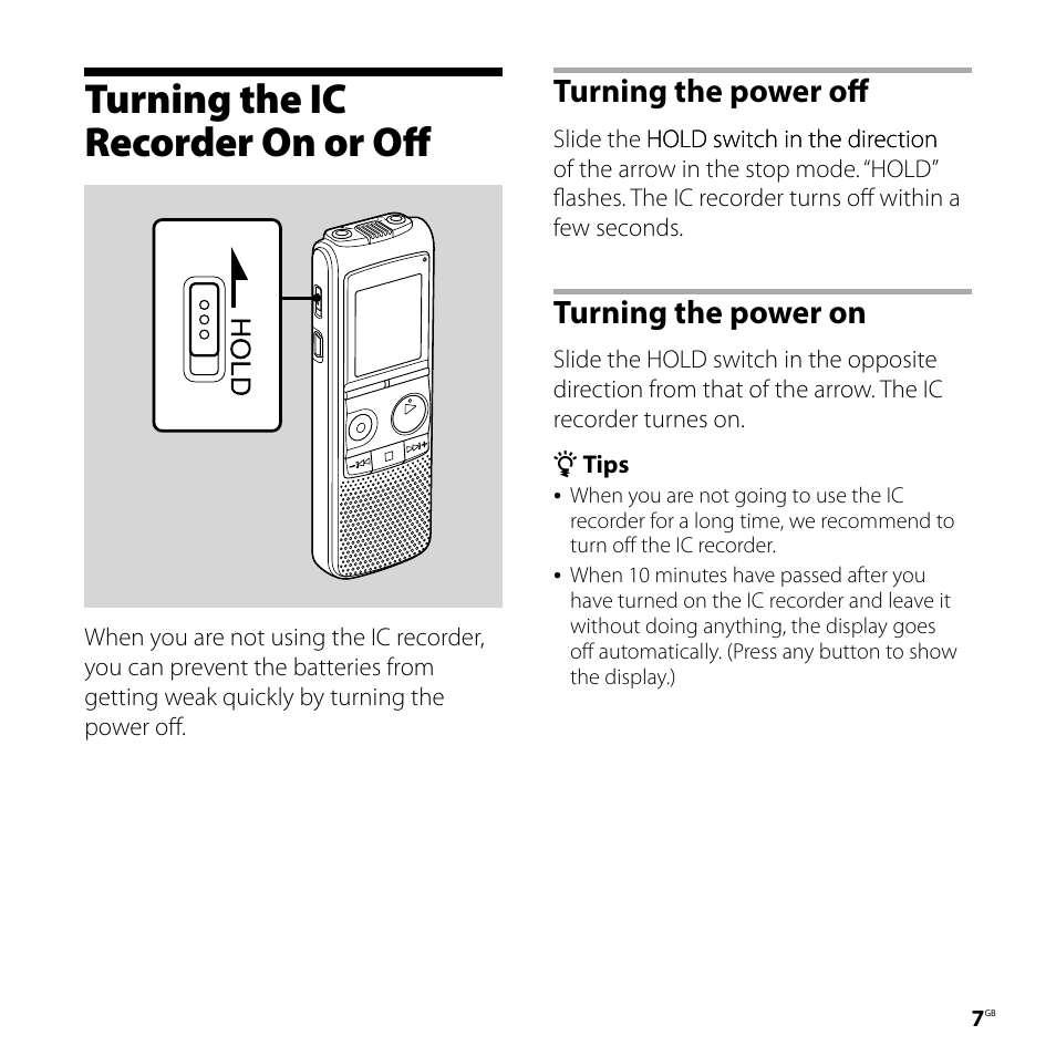 Turning the ic recorder on or off, Turning the power off, Turning the power on | Sony ICD-PX720 User Manual | Page 7 / 60