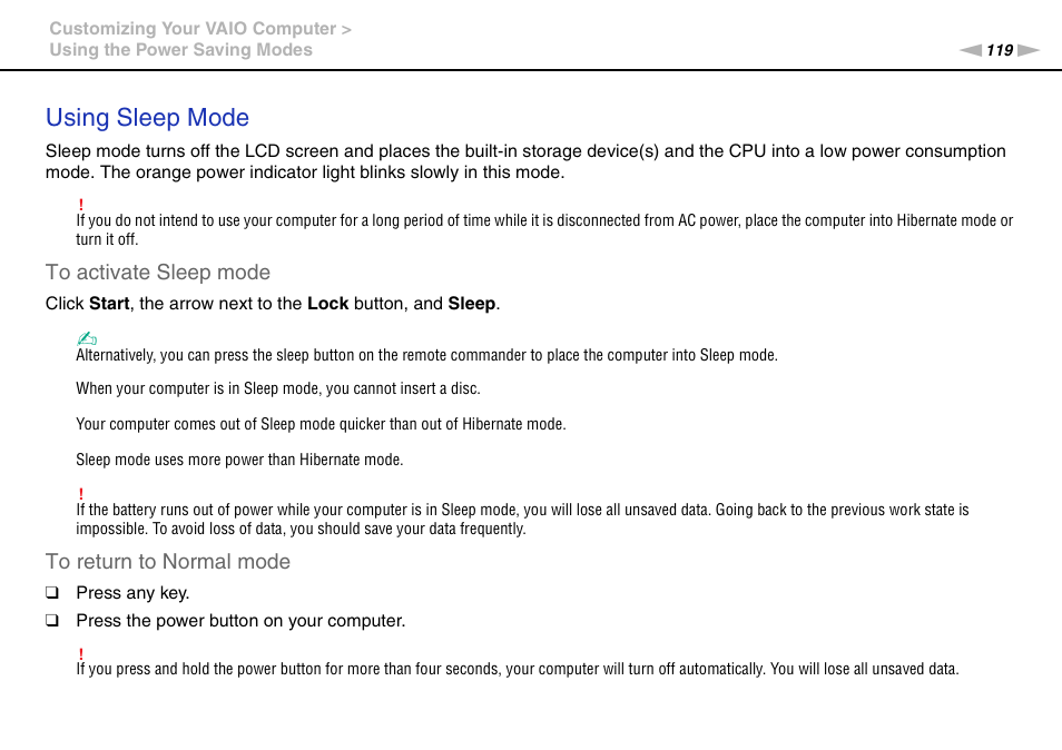 Using sleep mode | Sony VAIO VGN-AW User Manual | Page 119 / 190