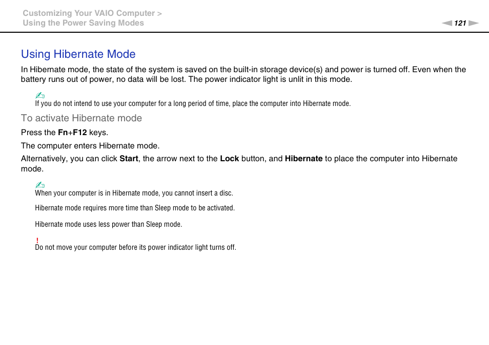 Using hibernate mode | Sony VAIO VGN-AW User Manual | Page 121 / 190