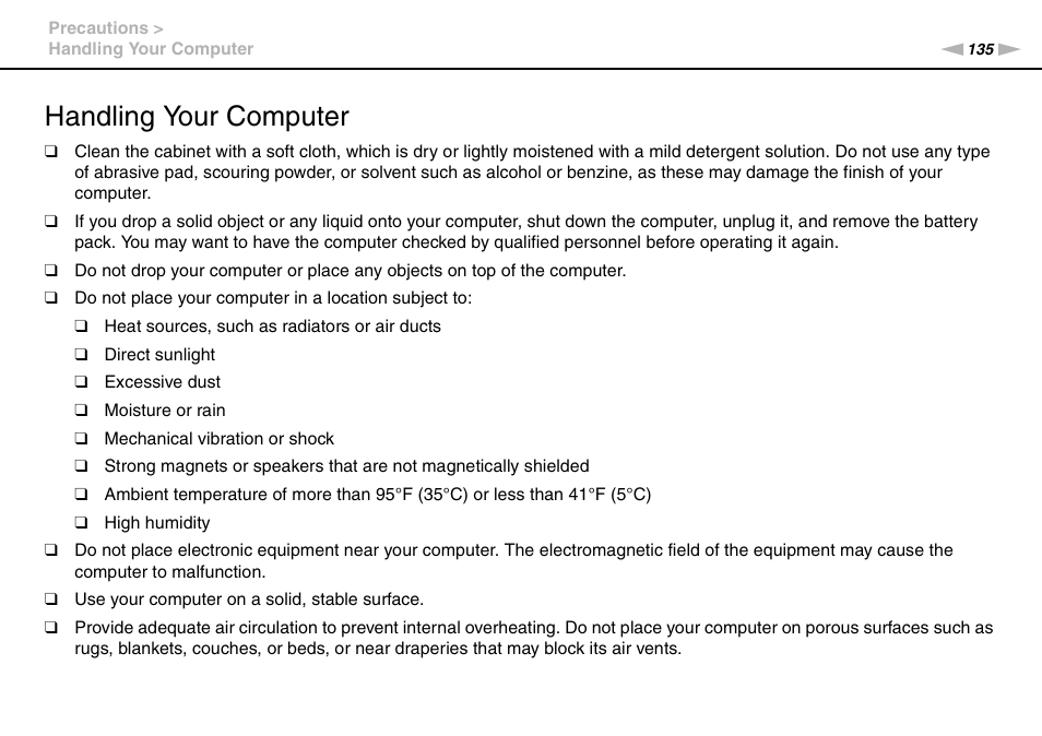 Handling your computer | Sony VAIO VGN-AW User Manual | Page 135 / 190