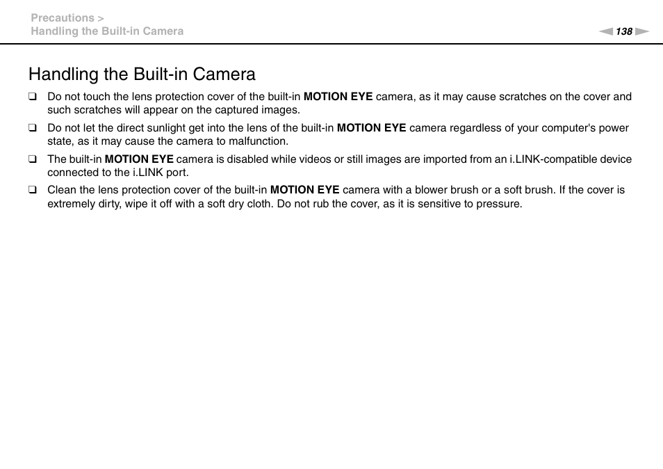 Handling the built-in camera | Sony VAIO VGN-AW User Manual | Page 138 / 190