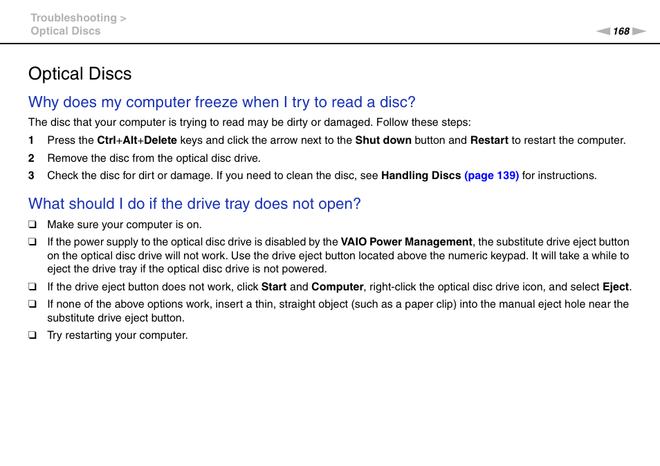 Optical discs, What should i do if the drive tray does not open | Sony VAIO VGN-AW User Manual | Page 168 / 190