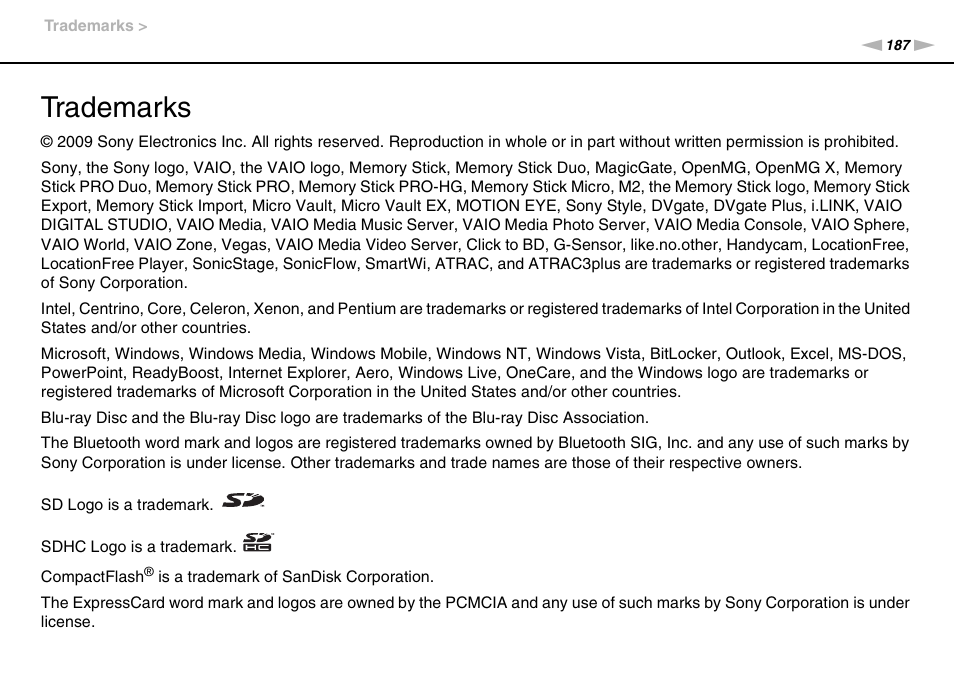 Trademarks | Sony VAIO VGN-AW User Manual | Page 187 / 190