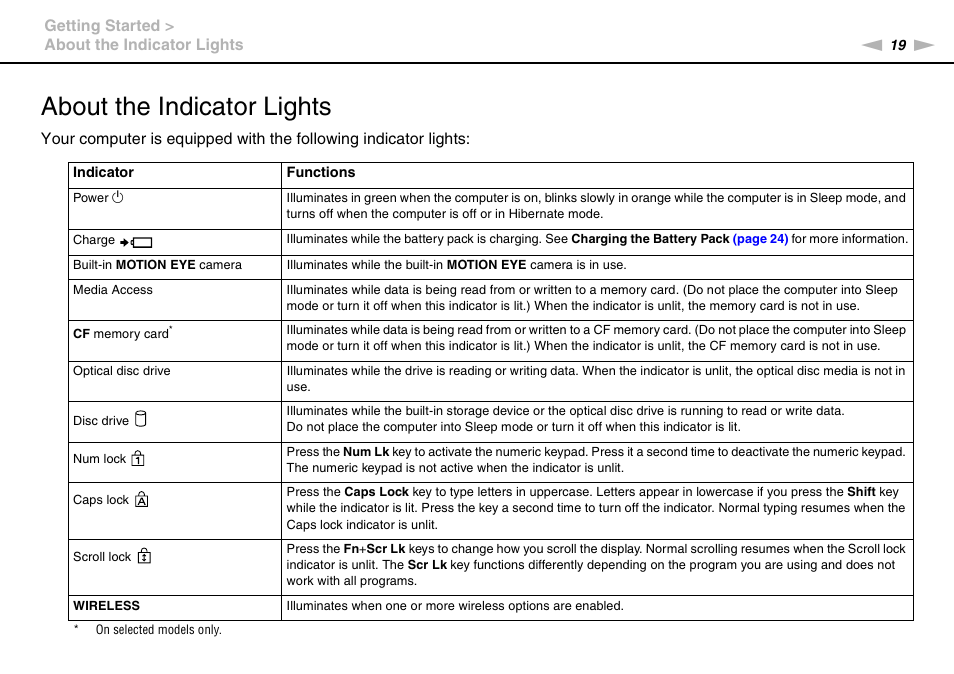 About the indicator lights | Sony VAIO VGN-AW User Manual | Page 19 / 190