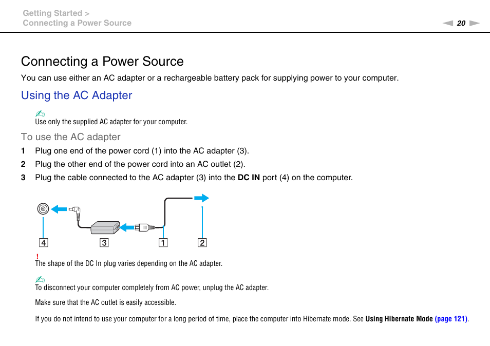 Connecting a power source, Using the ac adapter | Sony VAIO VGN-AW User Manual | Page 20 / 190