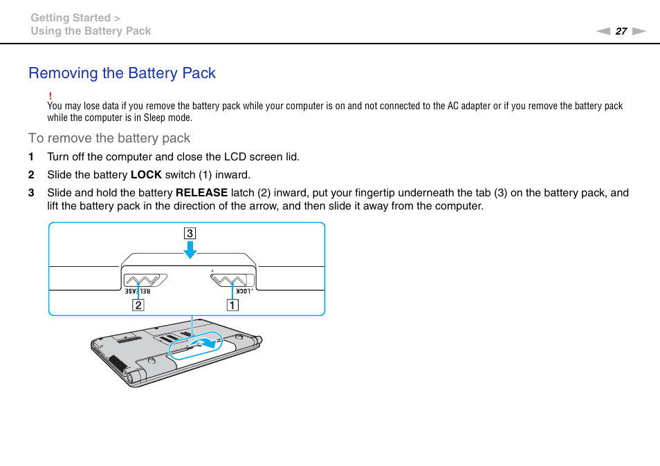 Removing the battery pack | Sony VAIO VGN-AW User Manual | Page 27 / 190