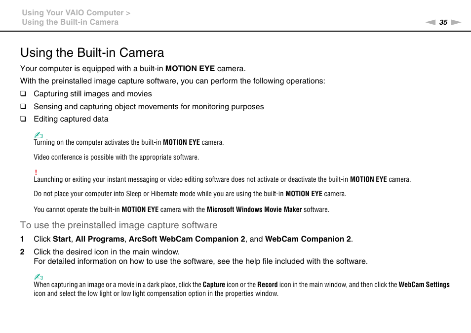 Using the built-in camera | Sony VAIO VGN-AW User Manual | Page 35 / 190