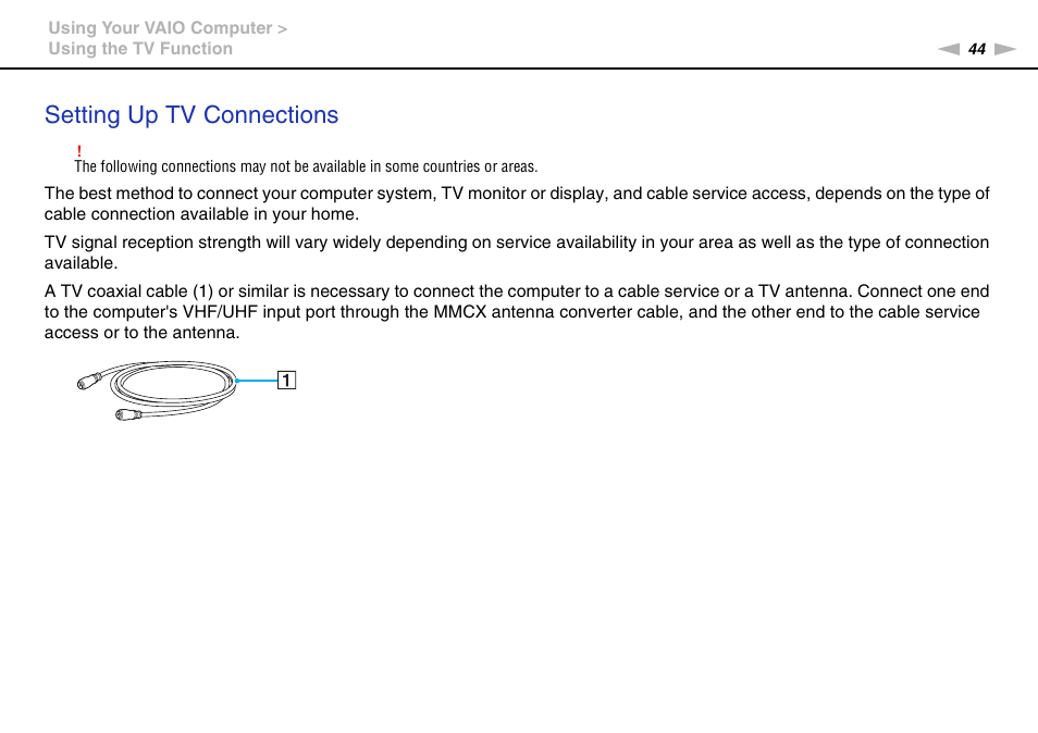 Setting up tv connections | Sony VAIO VGN-AW User Manual | Page 44 / 190