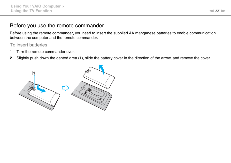 Before you use the remote commander | Sony VAIO VGN-AW User Manual | Page 55 / 190