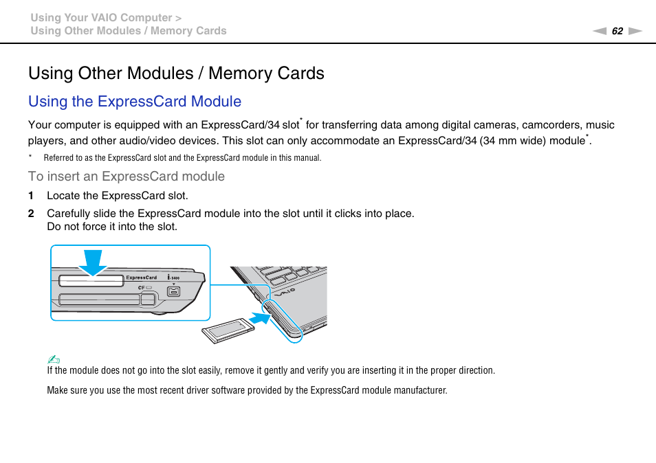 Using other modules / memory cards, Using the expresscard module | Sony VAIO VGN-AW User Manual | Page 62 / 190