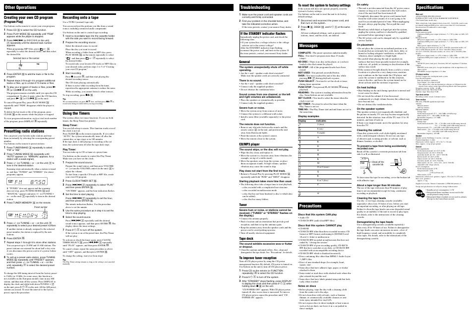 Other operations, Troubleshooting, Messages | Precautions, Speciﬁcations | Sony CMT-EH10 User Manual | Page 2 / 2