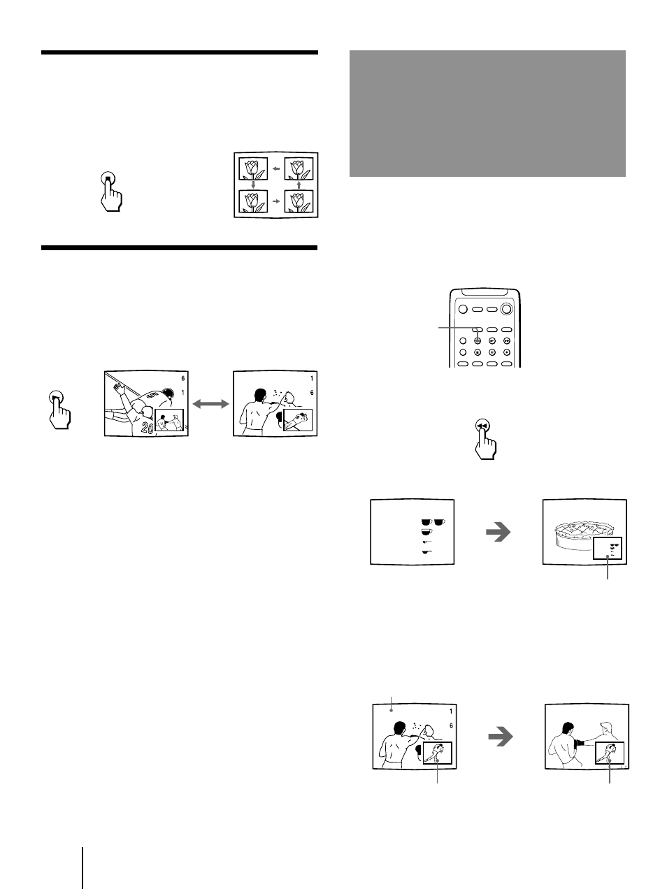 Freezing the picture (freeze), 22 freezing the picture, Freeze | Freezing the picture, Freeze), Changing the position of the window picture, Swapping the main and window pictures | Sony KP-41T35 User Manual | Page 22 / 84