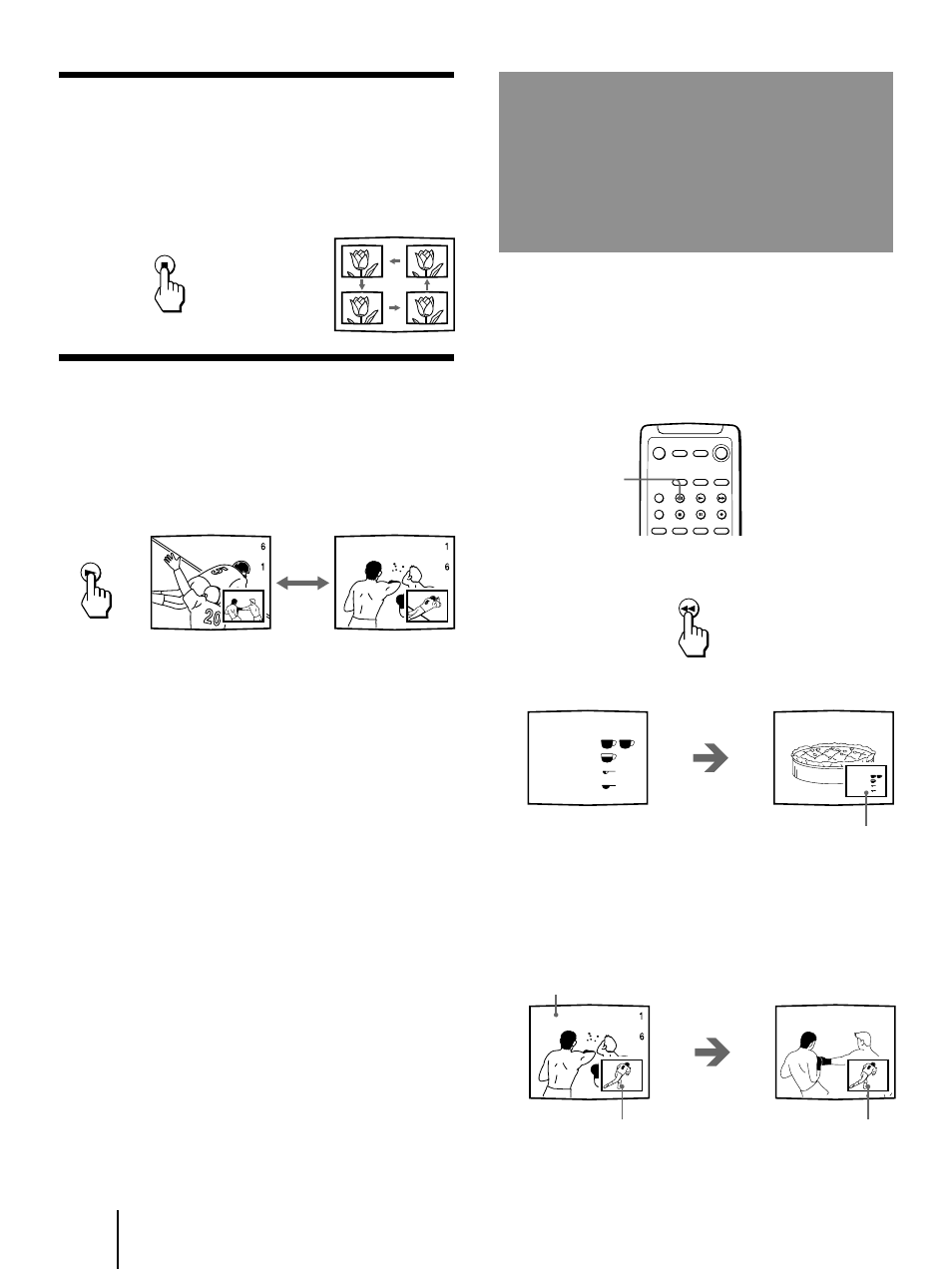 Congelación de la imagen, Freeze), Cambio de la posición de la imagen en ventana | Intercambio de las imágenes principal y en ventana | Sony KP-41T35 User Manual | Page 64 / 84