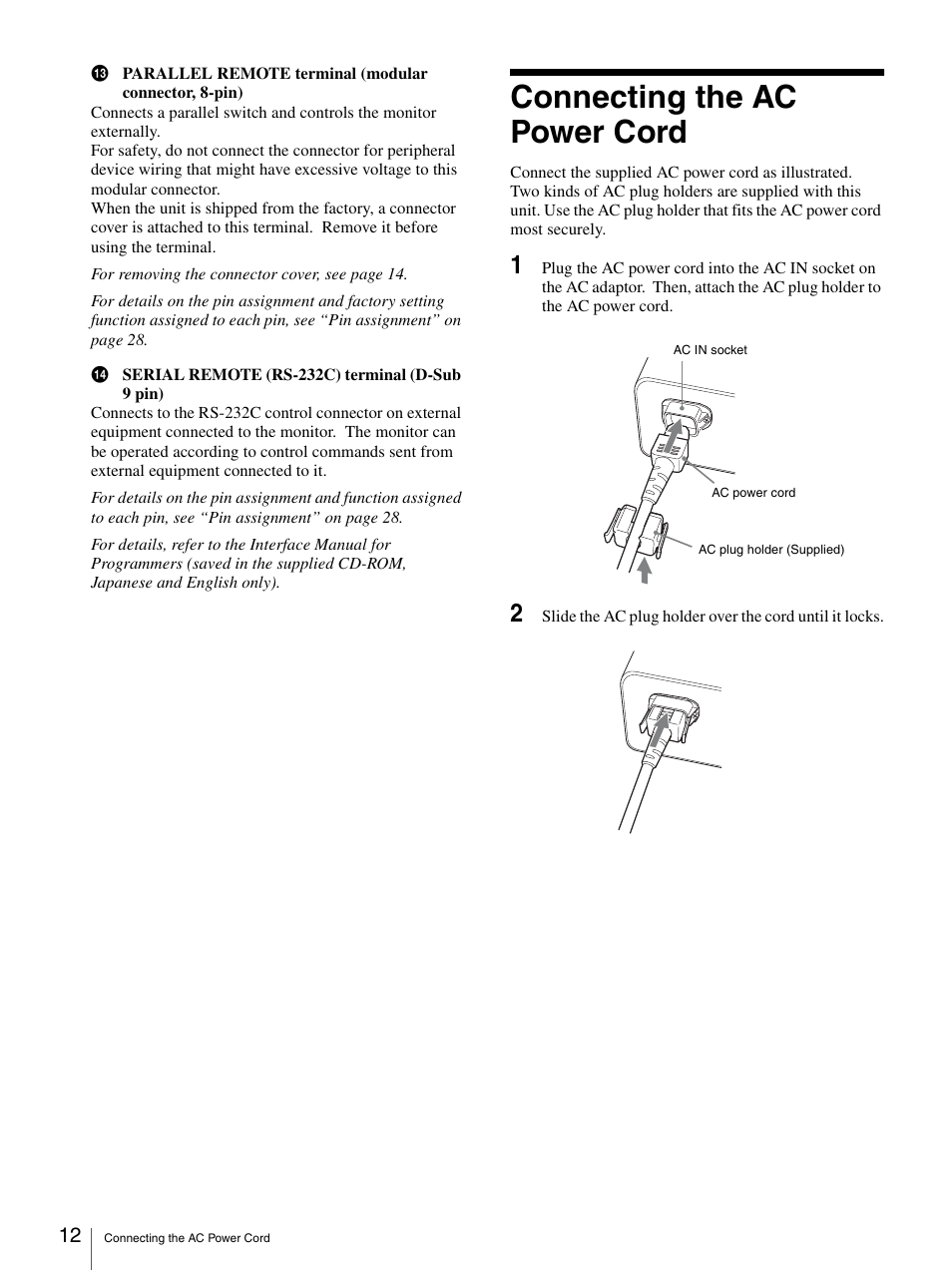 Connecting the ac power cord | Sony LMD-1950MD User Manual | Page 12 / 33