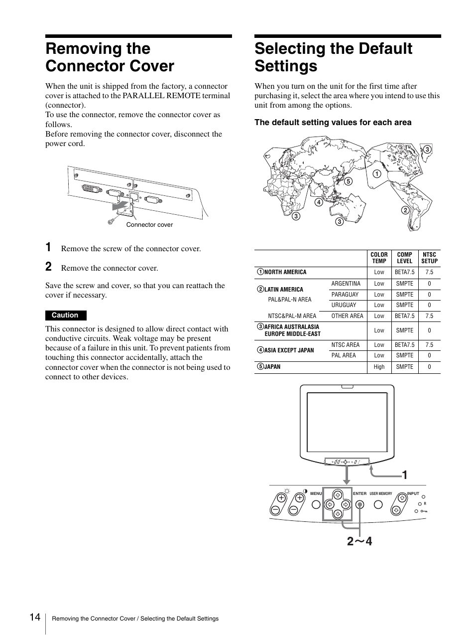 Removing the connector cover, Selecting the default settings | Sony LMD-1950MD User Manual | Page 14 / 33