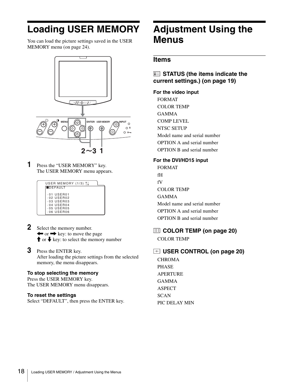 Loading user memory, Adjustment using the menus, Items | Loading user memory adjustment using the menus, Color temp (on page 20), User control (on page 20) | Sony LMD-1950MD User Manual | Page 18 / 33