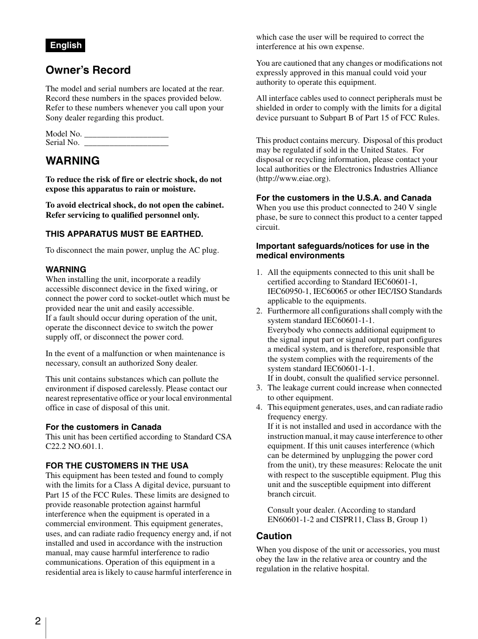 Owner’s record, Warning | Sony LMD-1950MD User Manual | Page 2 / 33