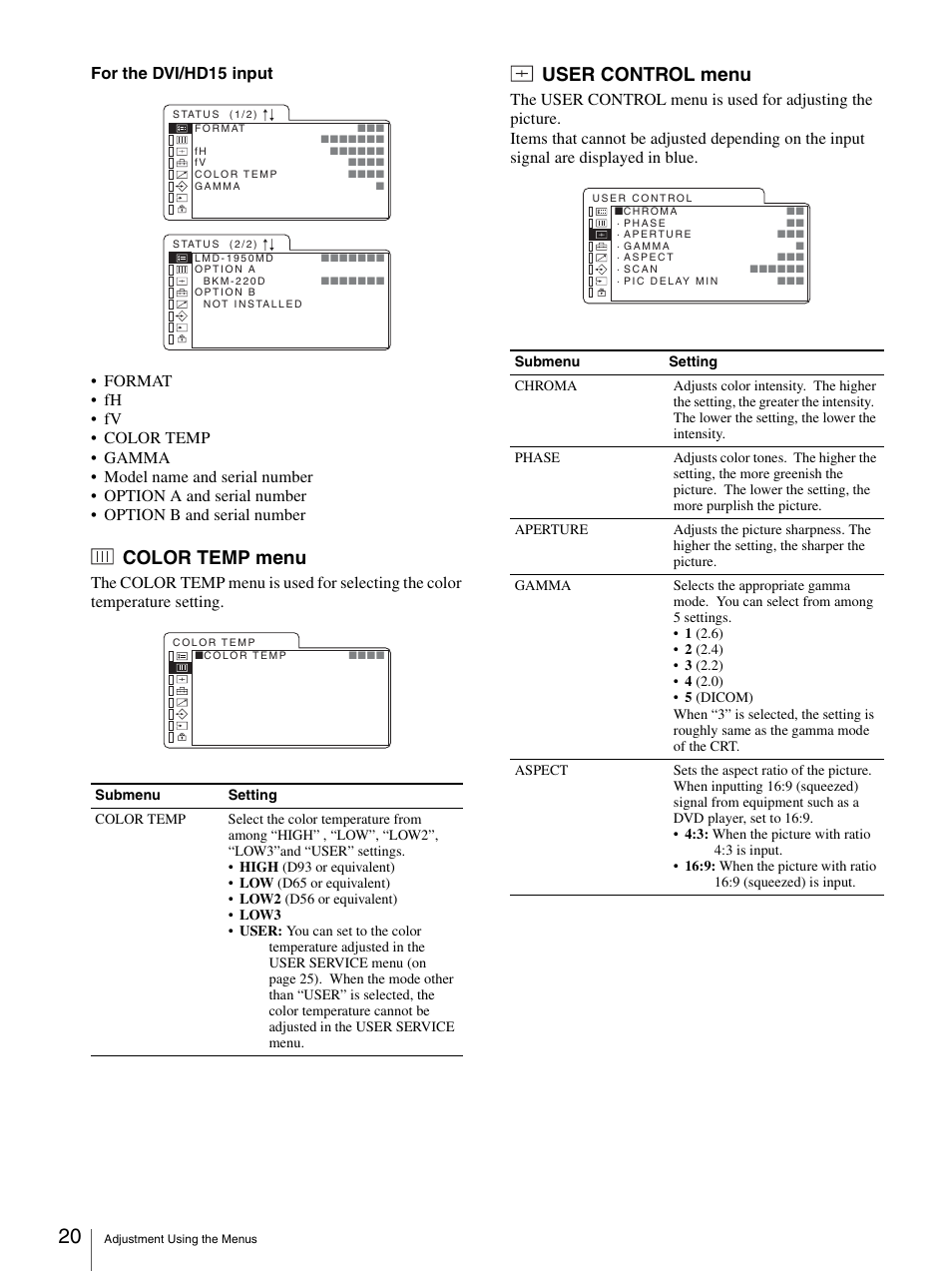 Color temp menu, User control menu, Color temp menu user control menu | Sony LMD-1950MD User Manual | Page 20 / 33