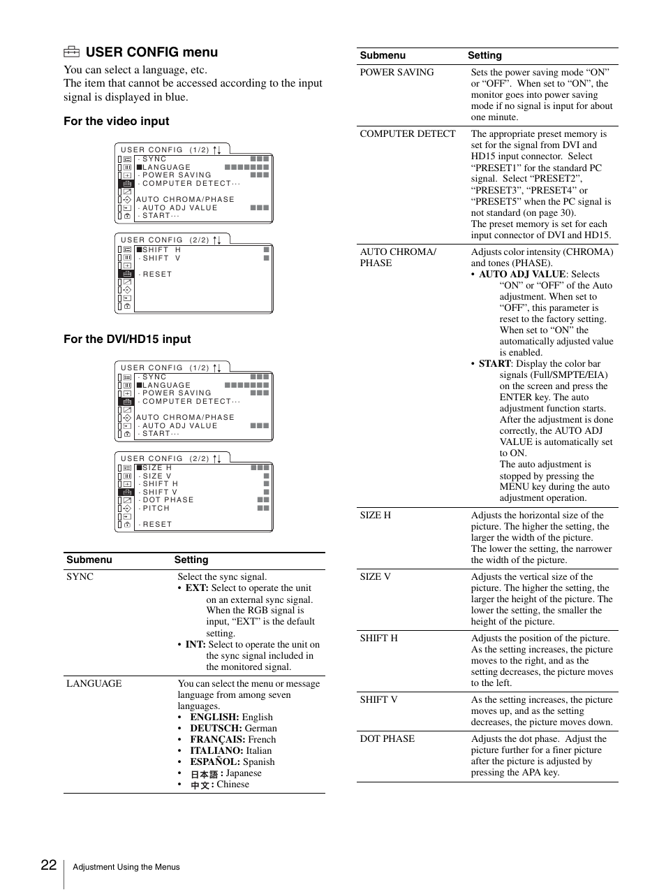 User config menu | Sony LMD-1950MD User Manual | Page 22 / 33