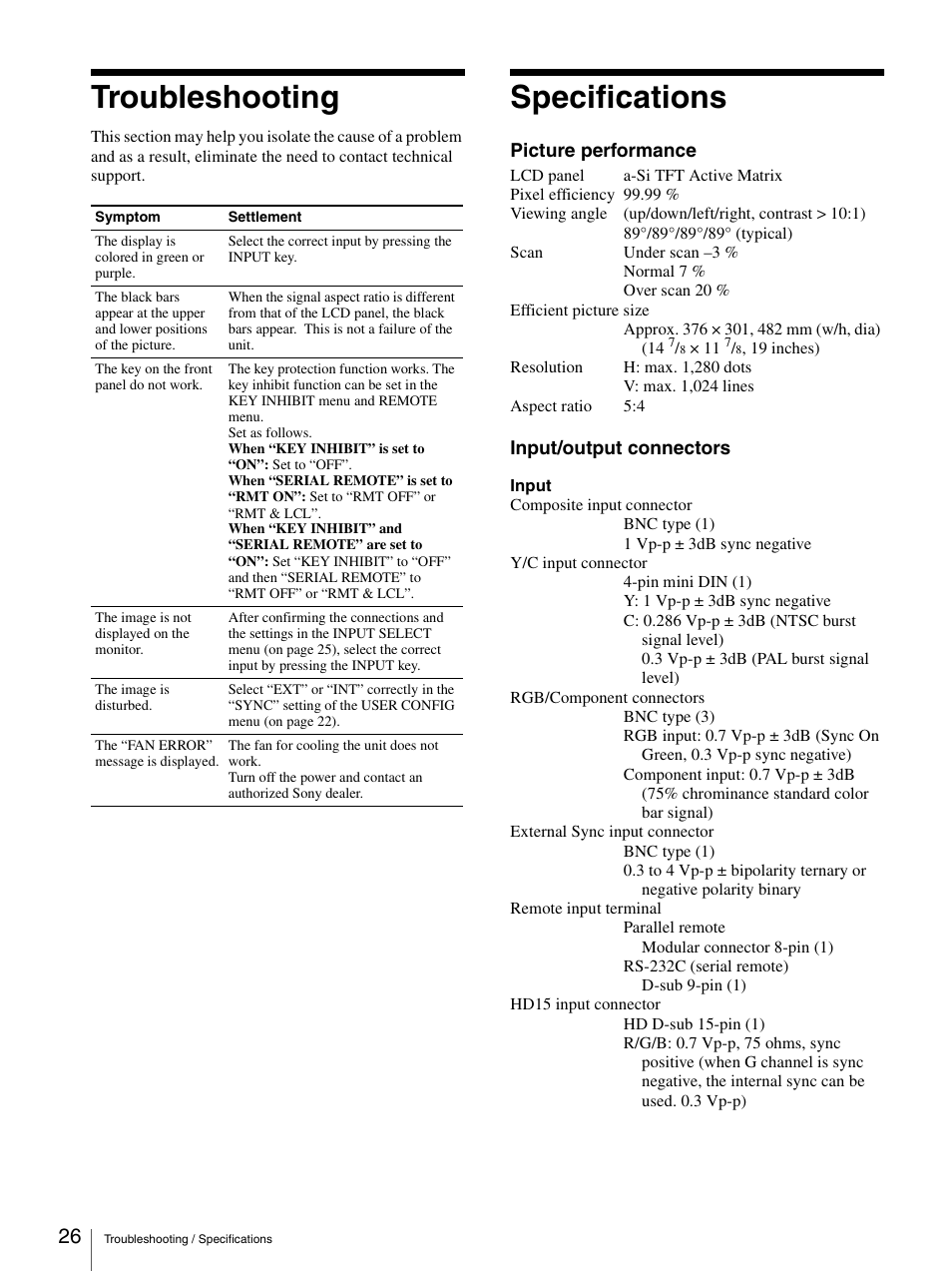 Troubleshooting, Specifications, Troubleshooting specifications | Sony LMD-1950MD User Manual | Page 26 / 33