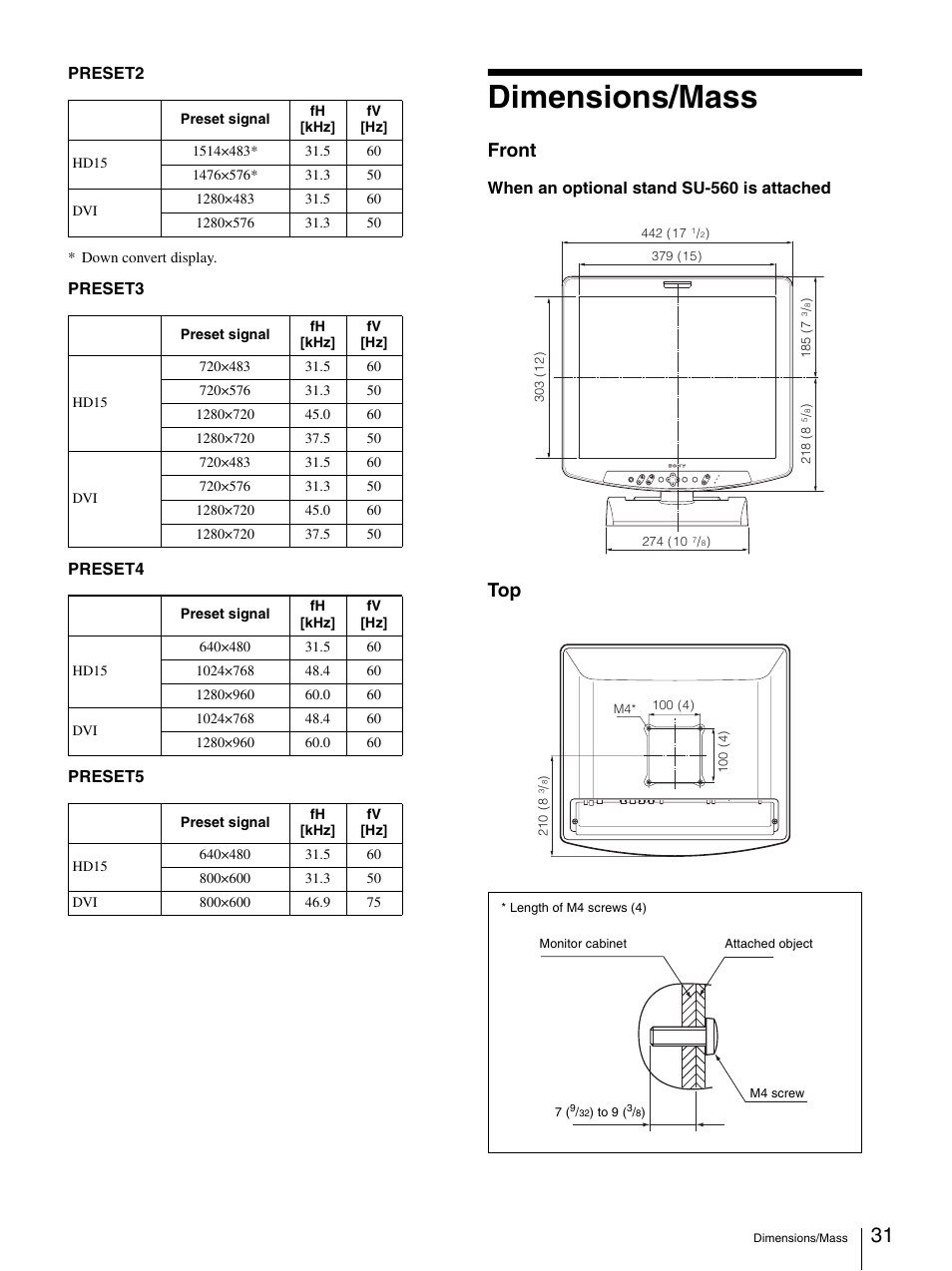 Dimensions/mass, D 31, Front | Sony LMD-1950MD User Manual | Page 31 / 33