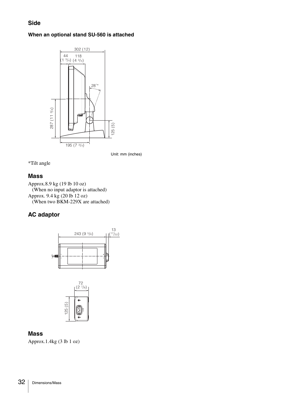 Side, Mass, Ac adaptor mass | Approx.1.4kg (3 lb 1 oz) | Sony LMD-1950MD User Manual | Page 32 / 33