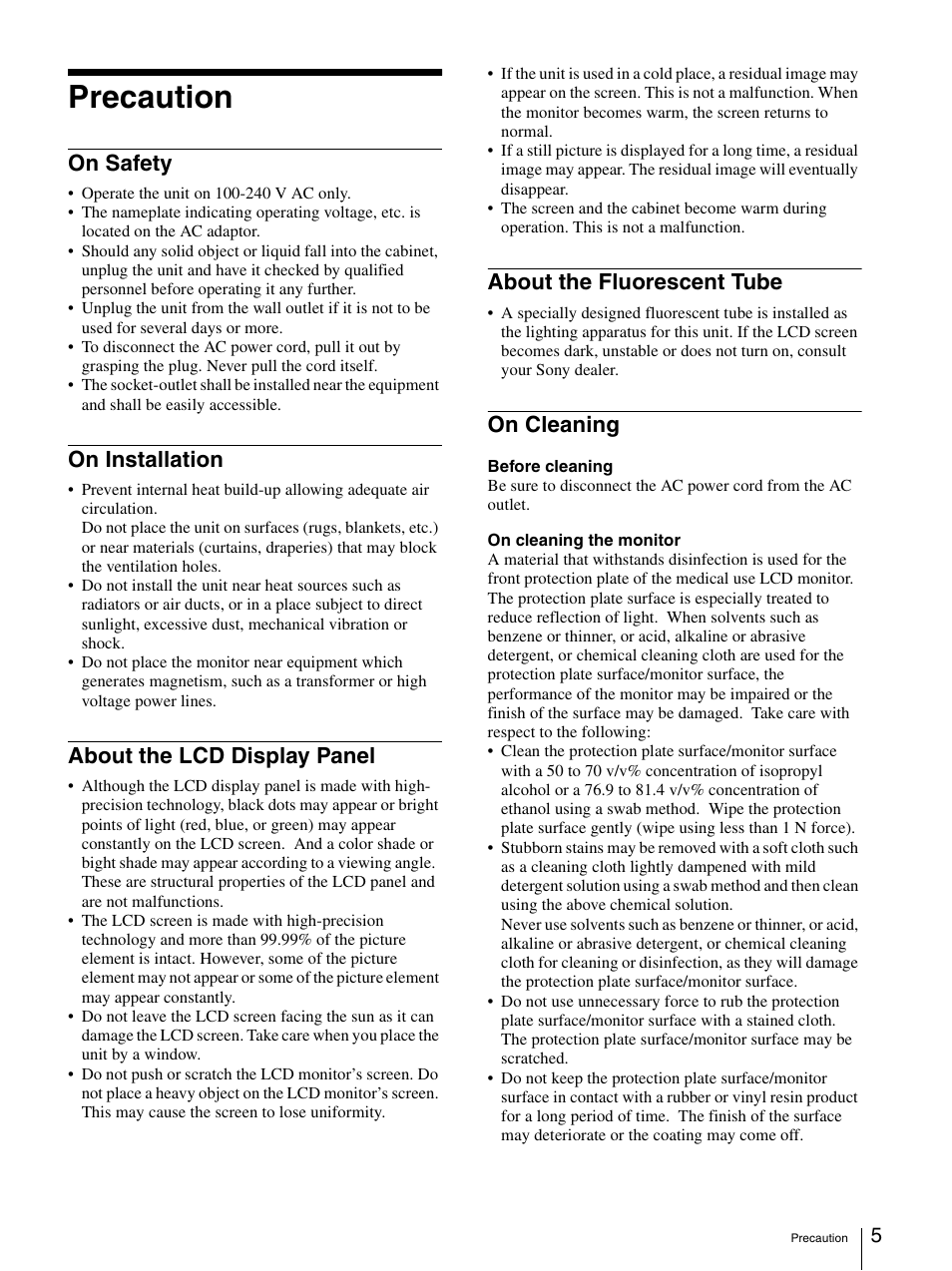 Precaution, On safety, On installation | About the lcd display panel, About the fluorescent tube, On cleaning | Sony LMD-1950MD User Manual | Page 5 / 33