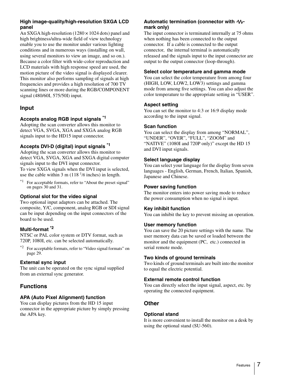 Input, Functions, Other | Sony LMD-1950MD User Manual | Page 7 / 33