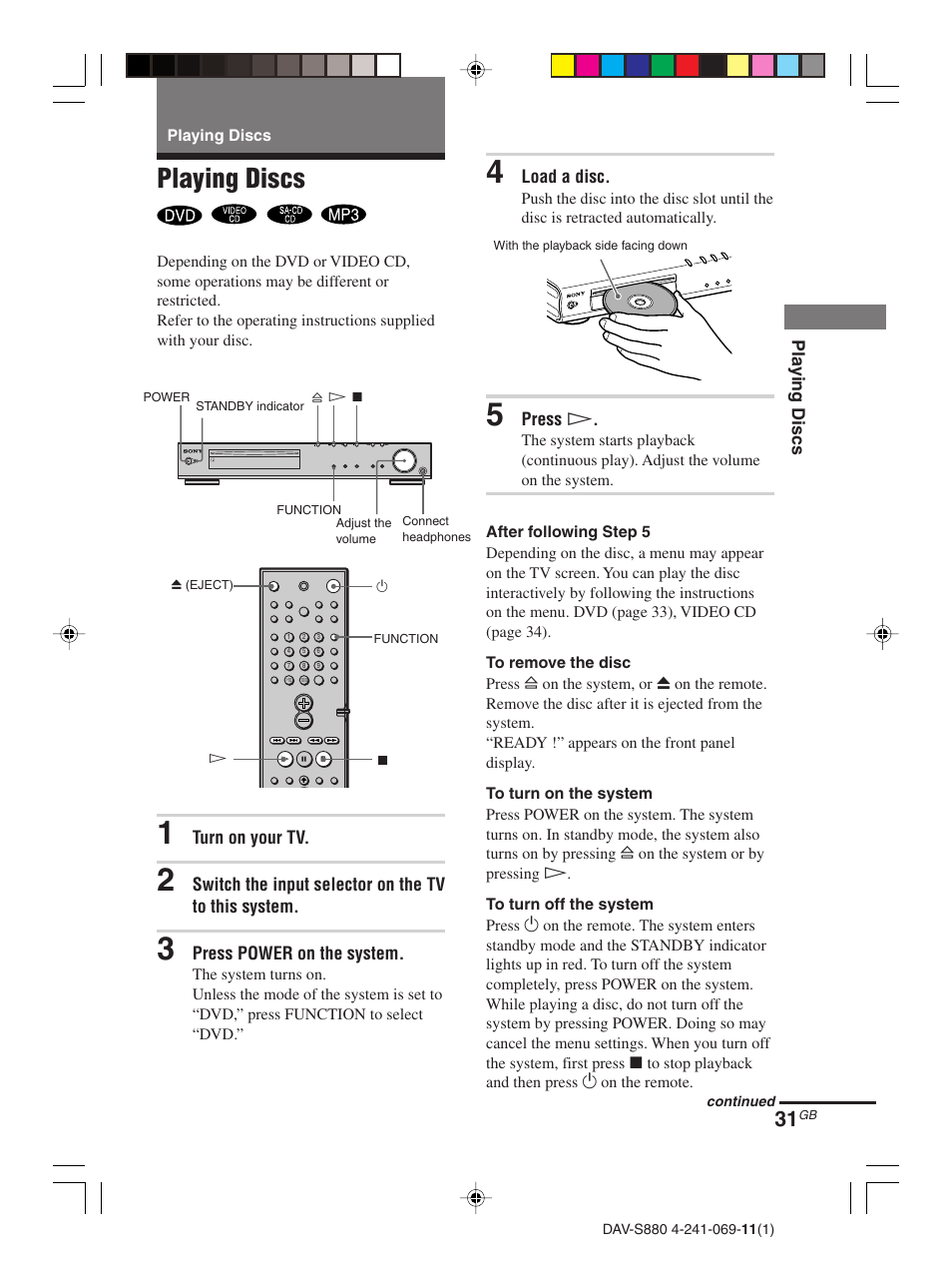 Playing discs | Sony DAV-S880 User Manual | Page 31 / 84