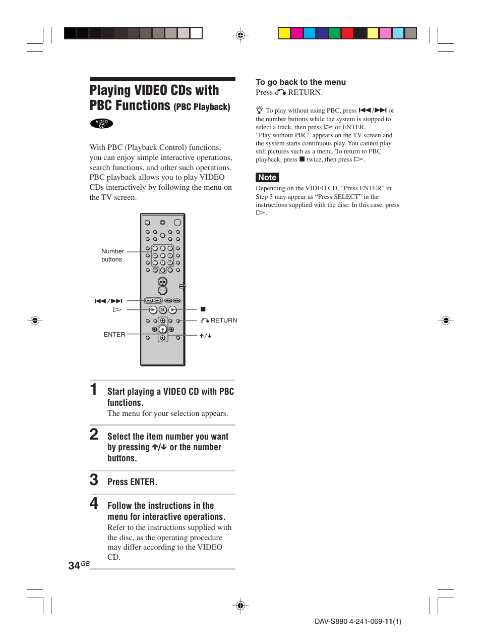 Playing video cds with pbc functions | Sony DAV-S880 User Manual | Page 34 / 84