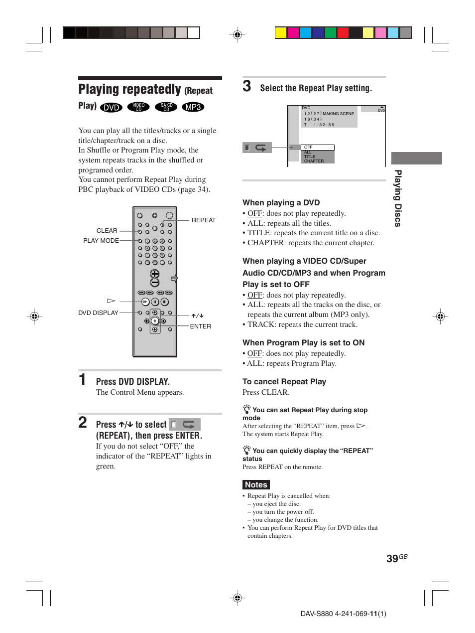 Playing repeatedly (repeat play), Playing repeatedly | Sony DAV-S880 User Manual | Page 39 / 84