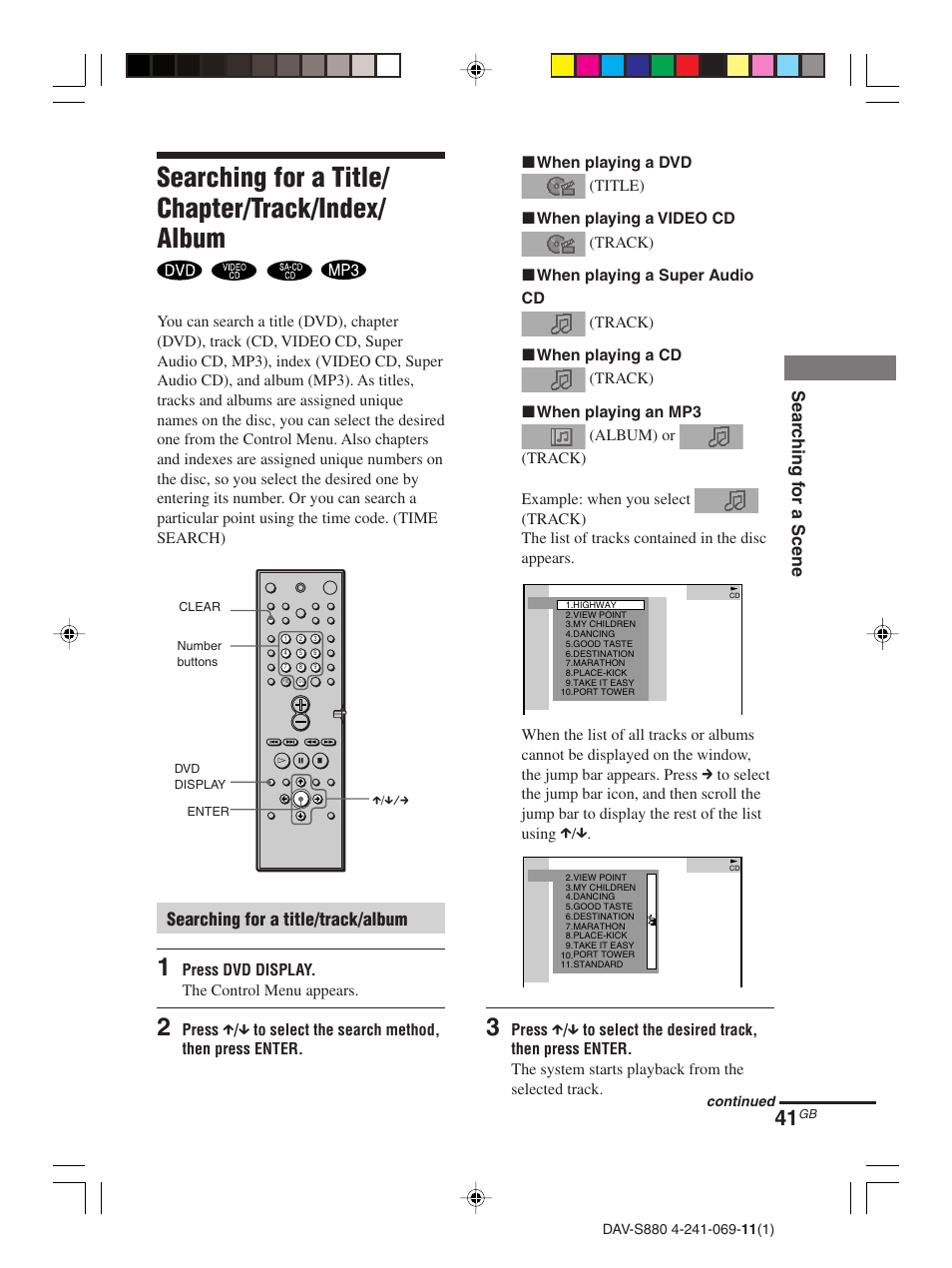 Searching for a title/chapter/track/index/album, Searching for a title/ chapter/track/index/ album, Sear c hing f or a scene | Searching for a title/track/album | Sony DAV-S880 User Manual | Page 41 / 84