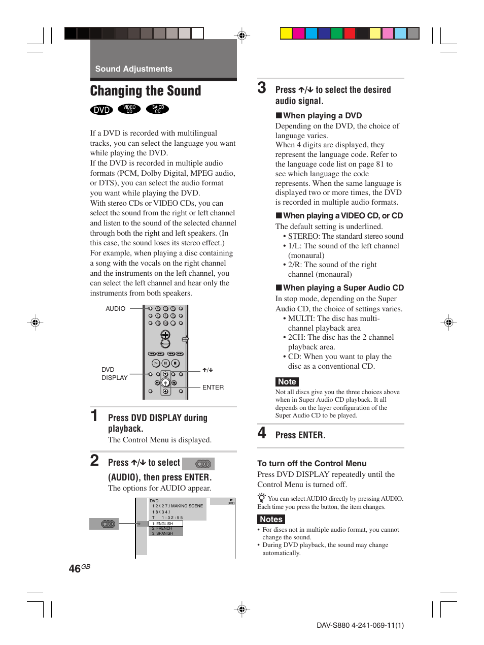 Sound adjustments, Changing the sound | Sony DAV-S880 User Manual | Page 46 / 84