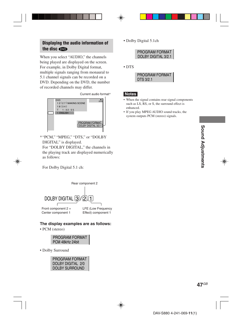 Dolby digital 3 / 2 | Sony DAV-S880 User Manual | Page 47 / 84