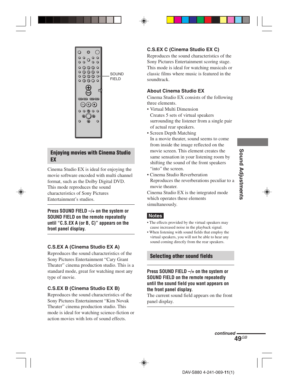 Sound adjustments, Enjoying movies with cinema studio ex, Selecting other sound fields | Sony DAV-S880 User Manual | Page 49 / 84