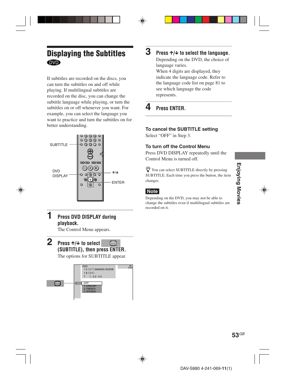 Displaying the subtitles | Sony DAV-S880 User Manual | Page 53 / 84