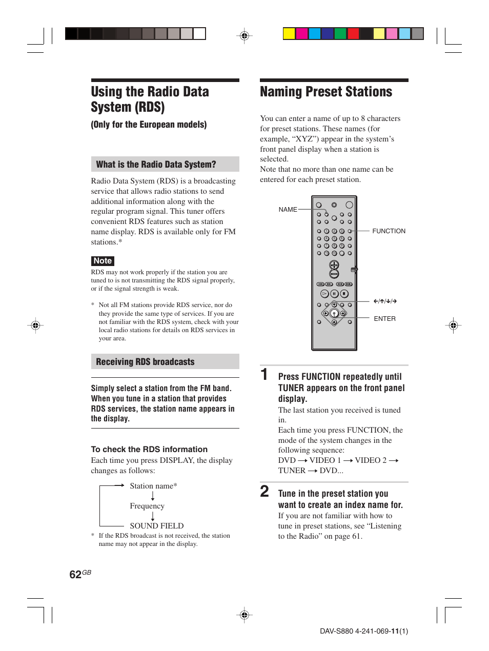 Naming preset stations, Using the radio data system (rds) | Sony DAV-S880 User Manual | Page 62 / 84