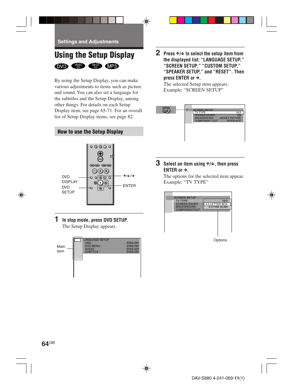 Settings and adjustments, Using the setup display | Sony DAV-S880 User Manual | Page 64 / 84