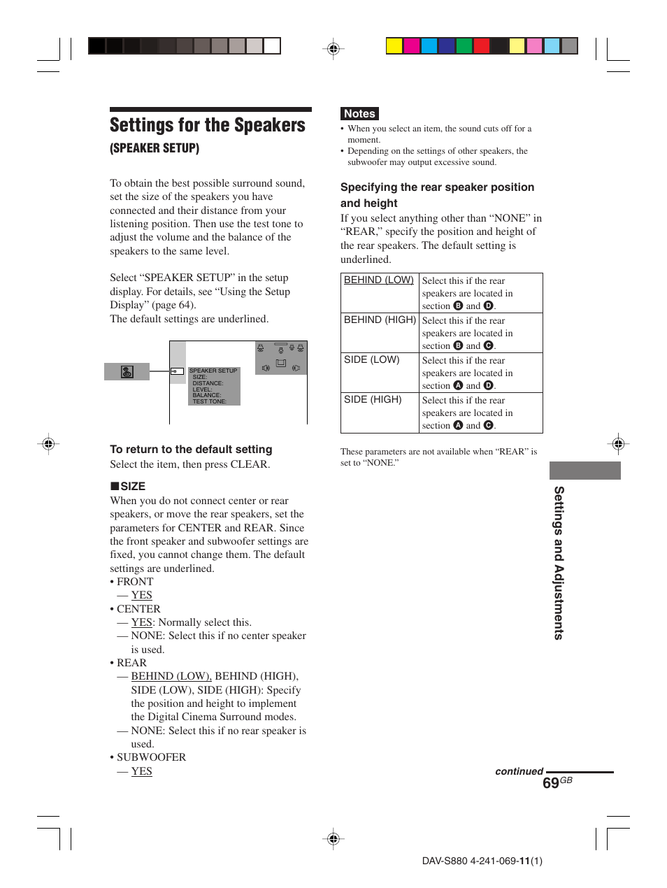 Settings for the speakers (speaker setup), Settings for the speakers | Sony DAV-S880 User Manual | Page 69 / 84