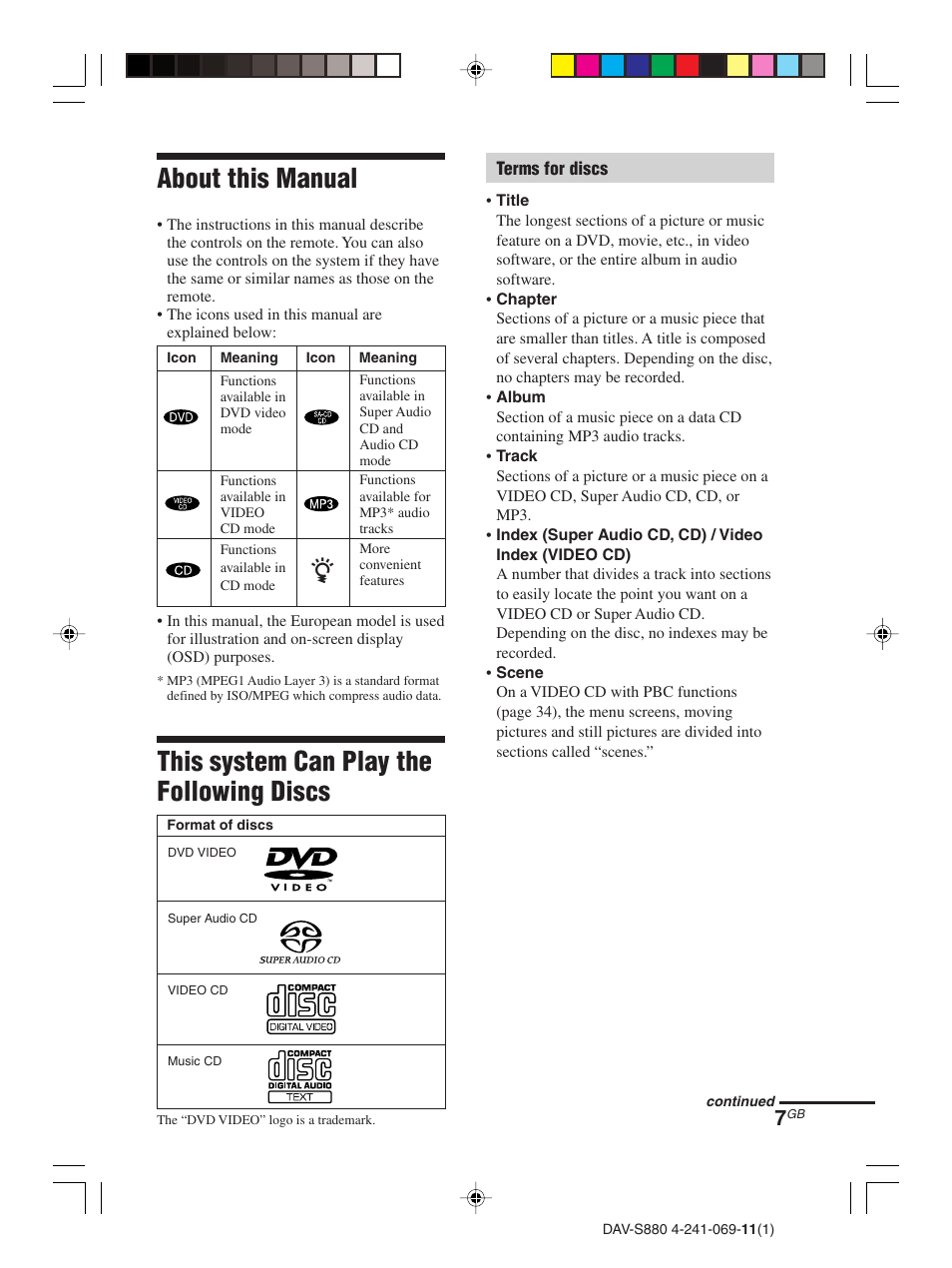 About this manual, This system can play the following discs | Sony DAV-S880 User Manual | Page 7 / 84