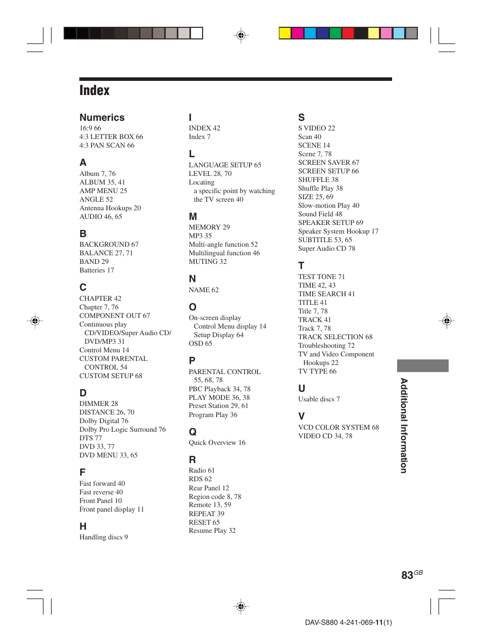 Index | Sony DAV-S880 User Manual | Page 83 / 84