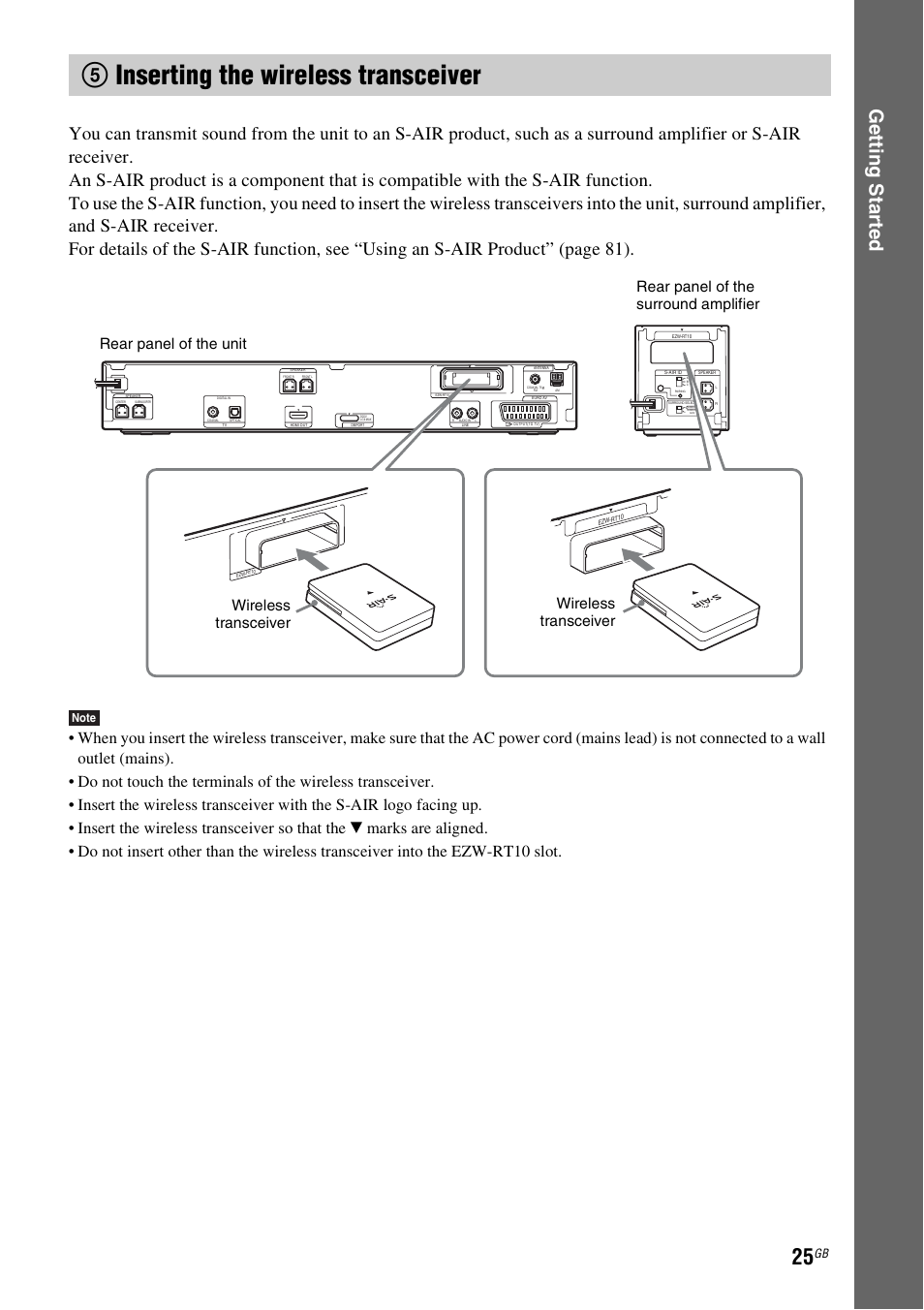 5 inserting the wireless transceiver, 5inserting the wireless transceiver, Ge tting star te d | Sony 3-283-045-11(1) User Manual | Page 25 / 124