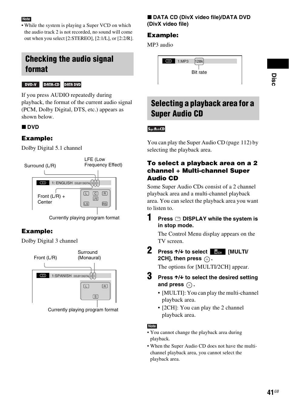 Checking the audio signal format, Selecting a playback area for a super audio cd | Sony 3-283-045-11(1) User Manual | Page 41 / 124