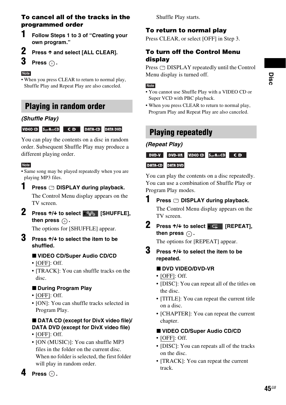 Playing in random order, Playing repeatedly | Sony 3-283-045-11(1) User Manual | Page 45 / 124