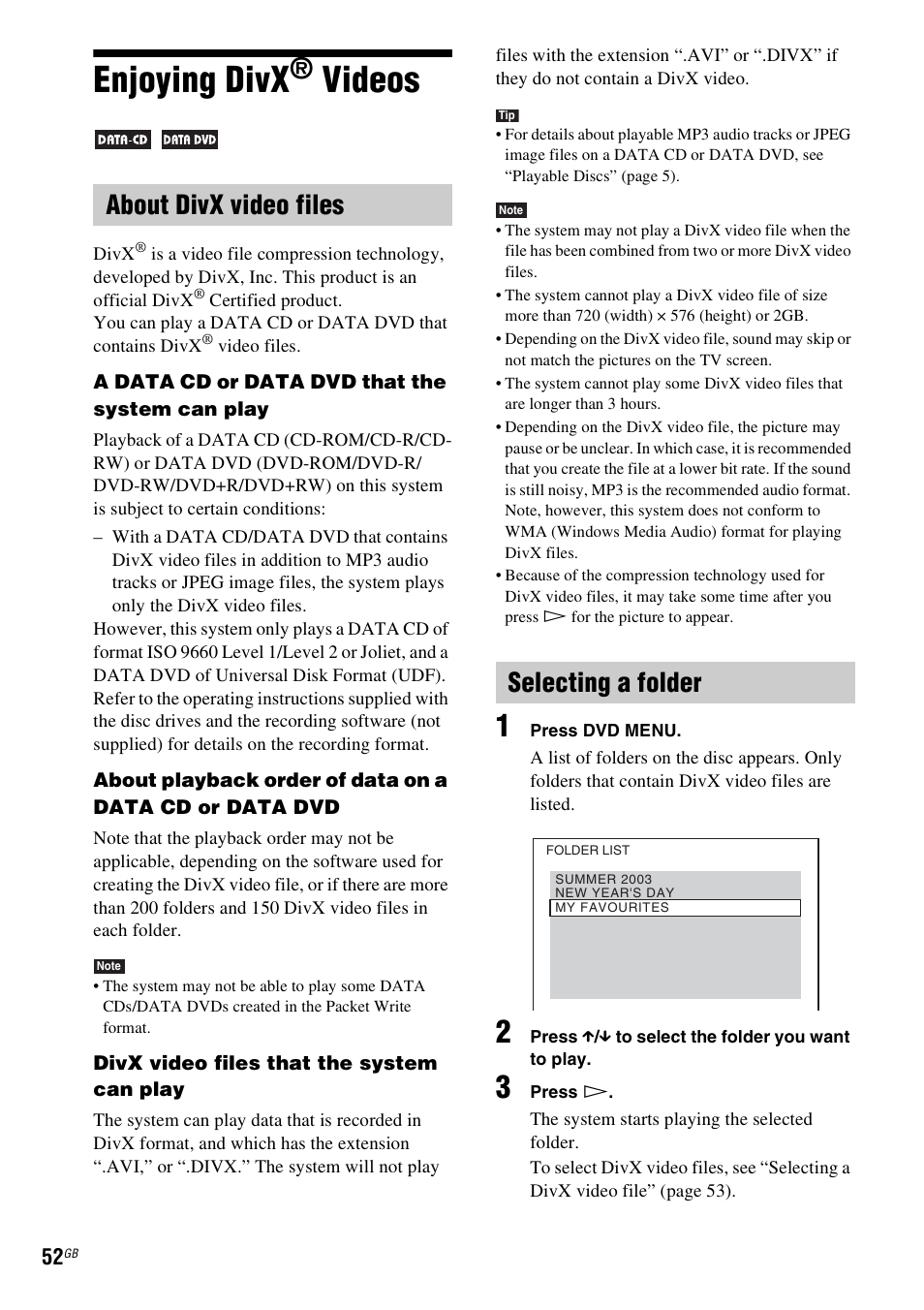 Enjoying divx® videos, About divx video files, Selecting a folder | Enjoying divx, Videos, About divx video files selecting a folder | Sony 3-283-045-11(1) User Manual | Page 52 / 124