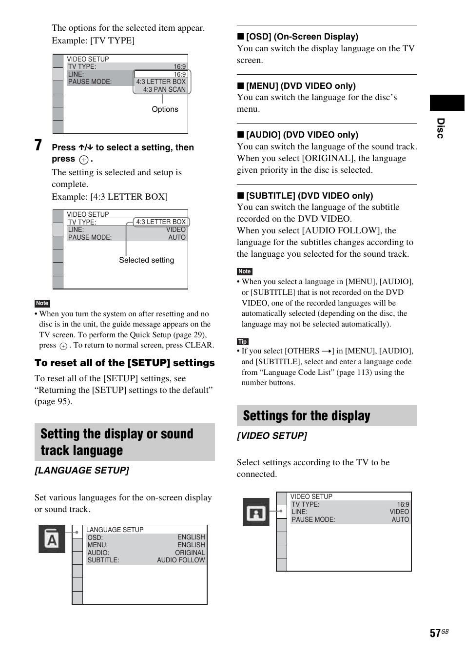 Setting the display or sound track language, Settings for the display, Dis c | Sony 3-283-045-11(1) User Manual | Page 57 / 124