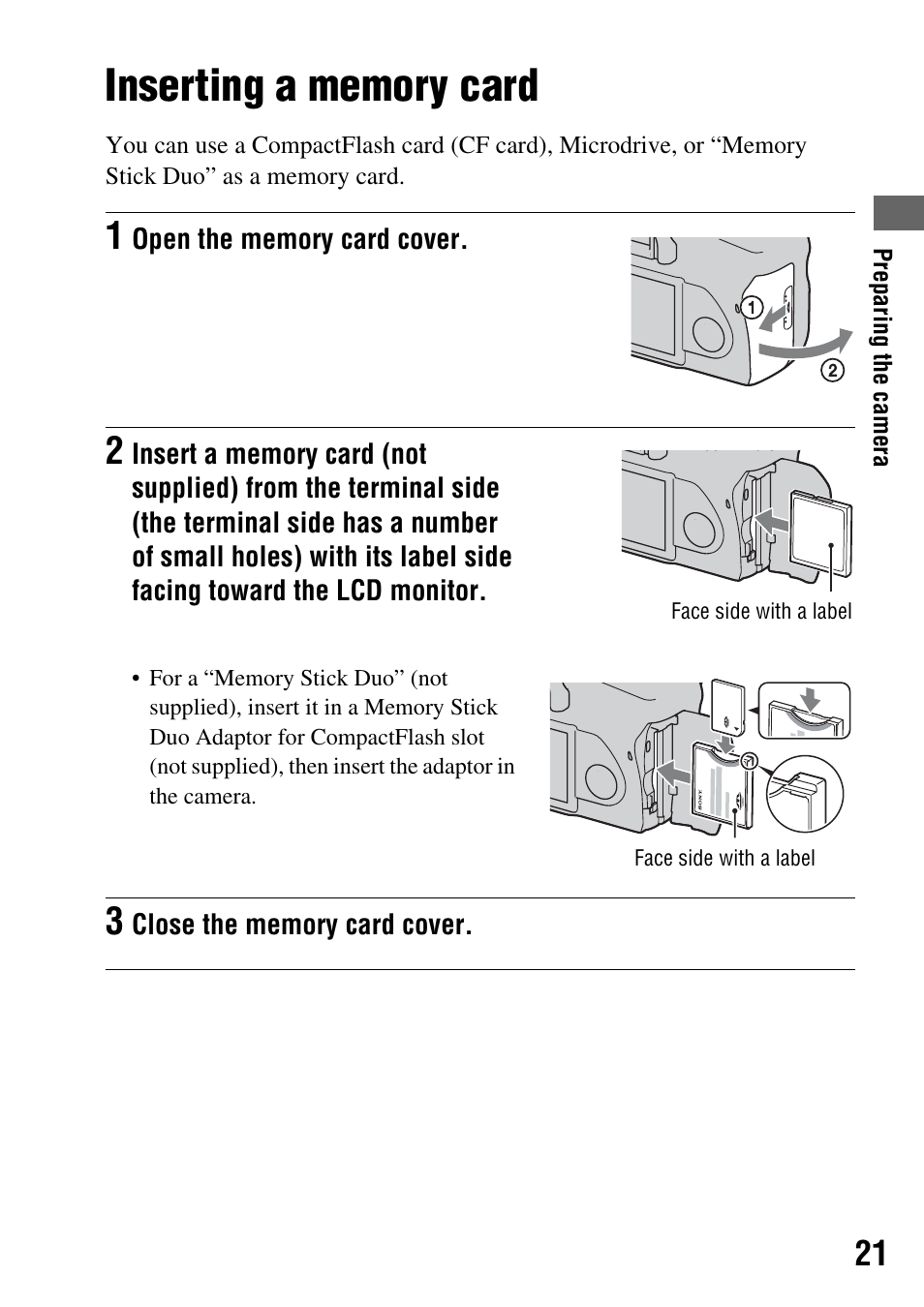 Inserting a memory card | Sony 4-133-499-11 (1) User Manual | Page 21 / 167