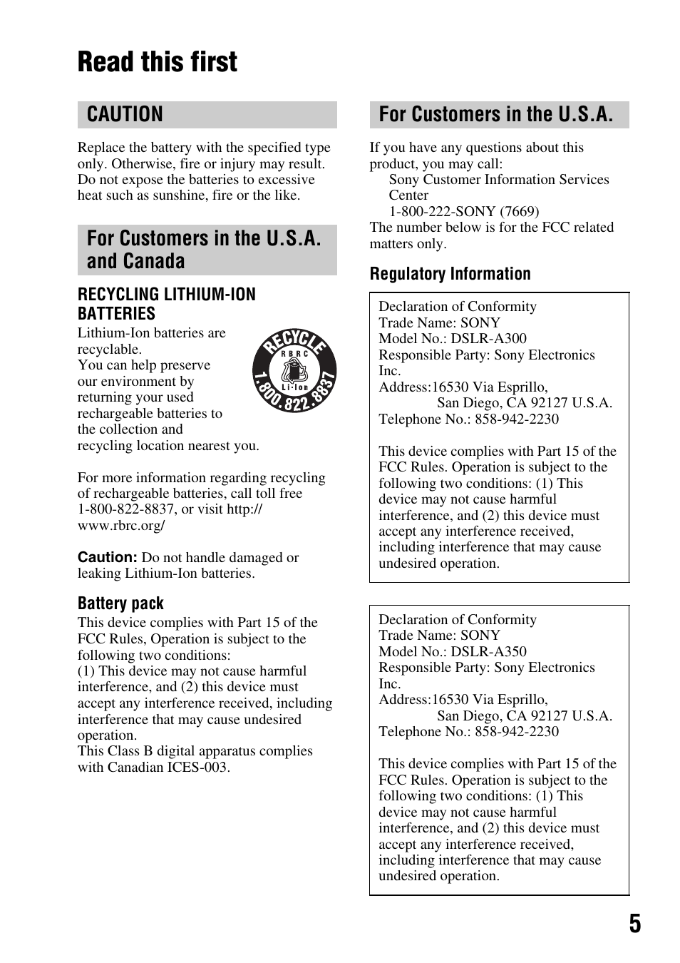 Read this first | Sony 4-133-499-11 (1) User Manual | Page 5 / 167