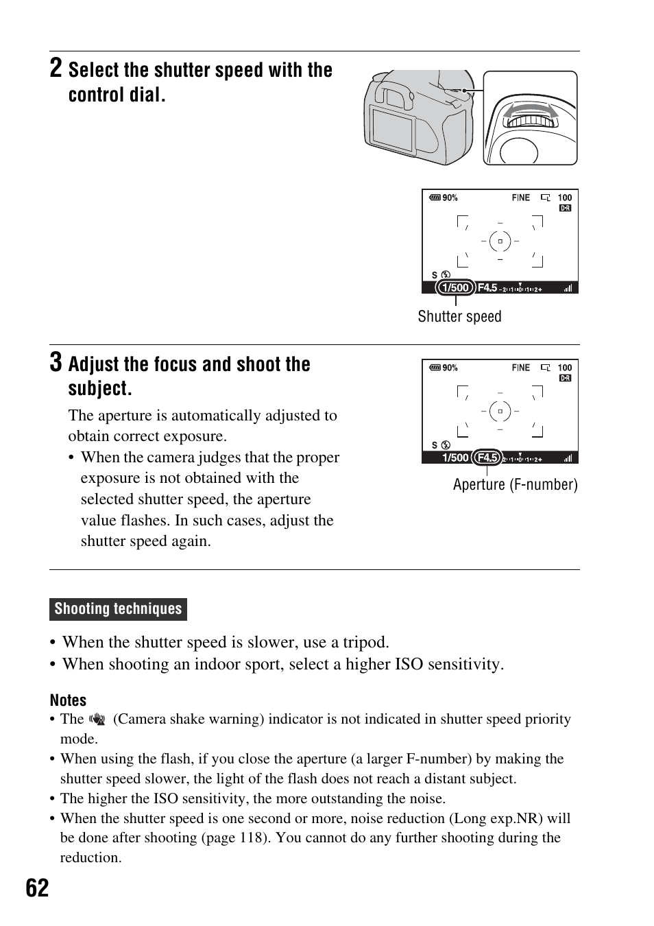 Select the shutter speed with the control dial, Adjust the focus and shoot the subject | Sony 4-133-499-11 (1) User Manual | Page 62 / 167